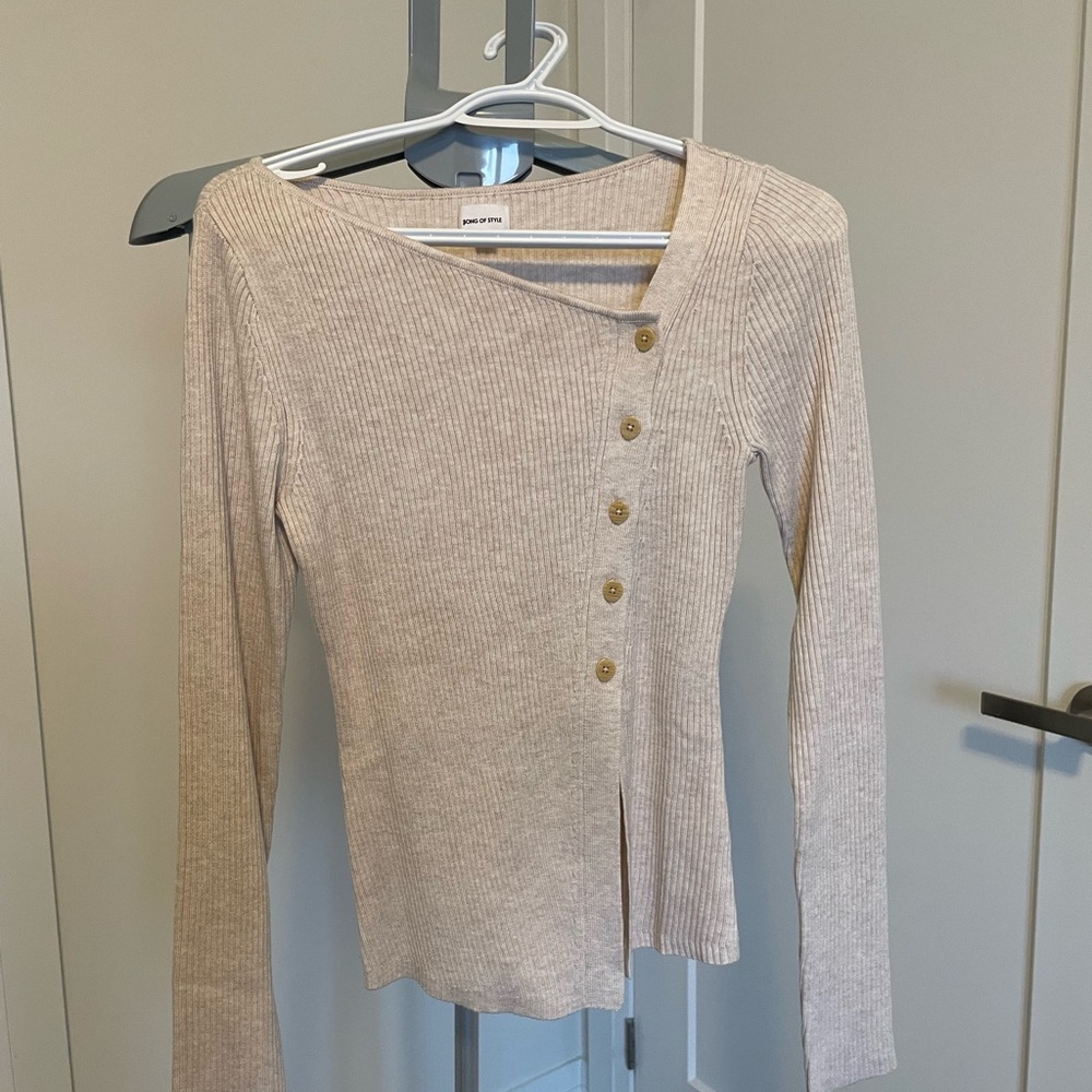Beige Ribbed Button-Down Top